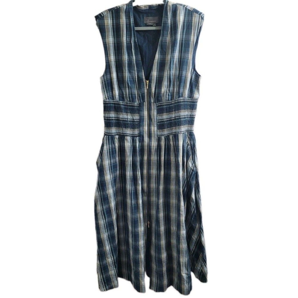 Anthropologie Tommie Dress XL Blue Plaid Smocked Front Zip Cotton Midi Pockets